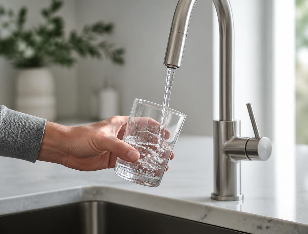 Clear water filling a glass at a brushed nickel kitchen faucet