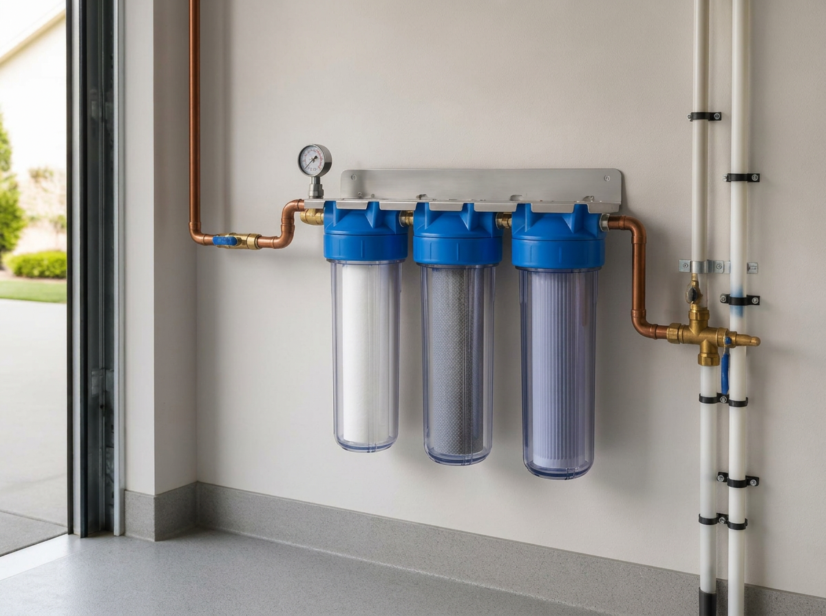 Three-stage whole-home cartridge water filtration system with three filter housings mounted on a home's wall