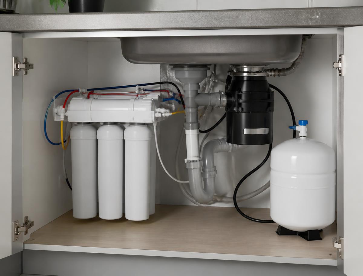Under sink water filtration housings and a storage tank neatly installed inside a kitchen cabinet
